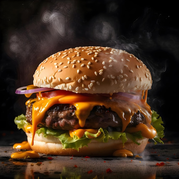 Hamburger grande e gustoso con ingredienti volanti su sfondo nero con fumo