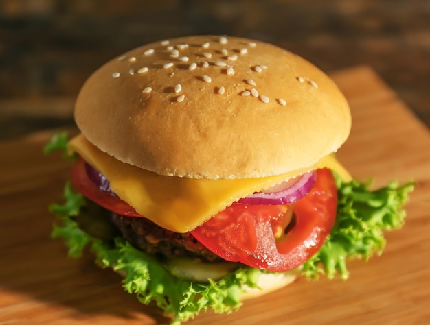 Hamburger grande e gustoso su tavola di legno