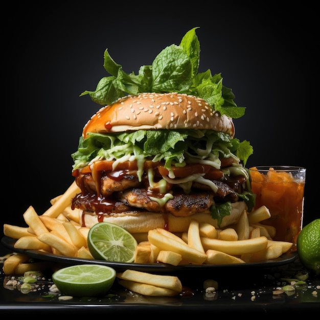 Hamburger grande e patatine fritte con lime e lattuga