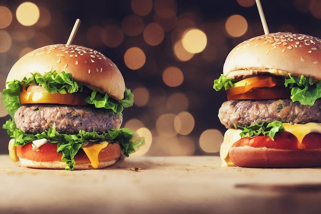 hamburger gustosi fatti in casa sulla tavola di legno, su sfondo bokeh. Messa a fuoco selettiva.