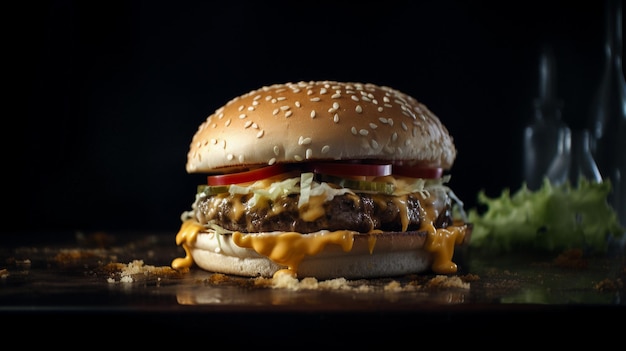 Hamburger in stile McDonalds con formaggio e verdure su uno sfondo scuro