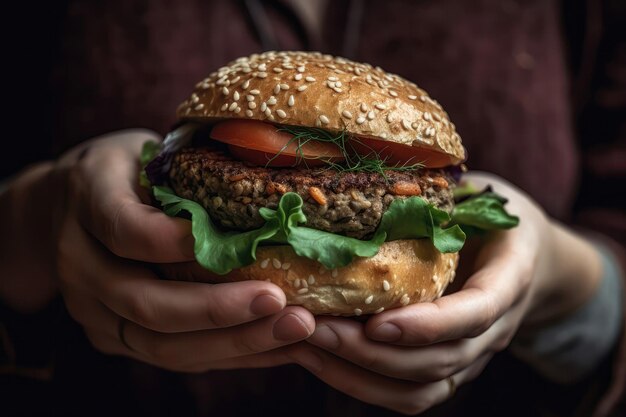 Hamburger nelle mani della donna Primo piano IA generativa