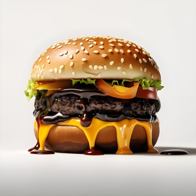 Hamburger nero con pomodoro formaggio e lattuga su sfondo bianco