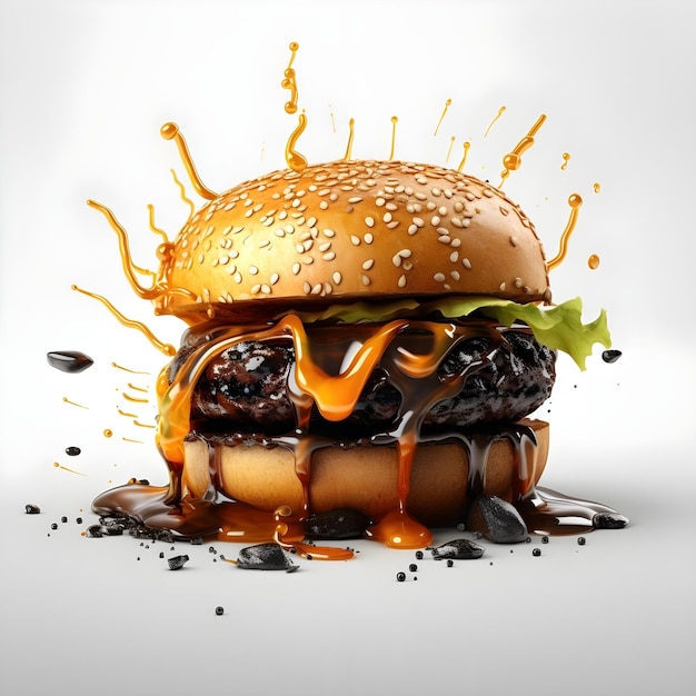 Hamburger nero con pomodoro formaggio e lattuga su sfondo bianco
