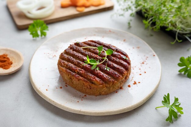 Hamburger proteici di soia vegani a base vegetale alla griglia sul piatto cibo sano con carne finta