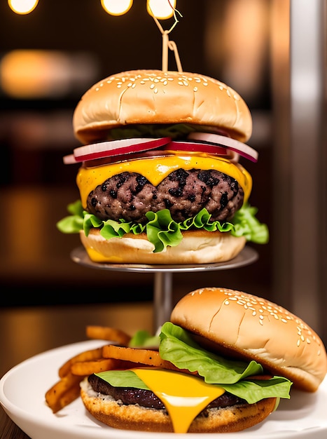 Hamburger realistico ristorante accogliente illuminazione calda dettagliata