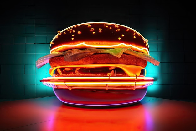 Hamburger retrofuturistico sotto luci al neon spigolose in stile Carole Fe Generative AI