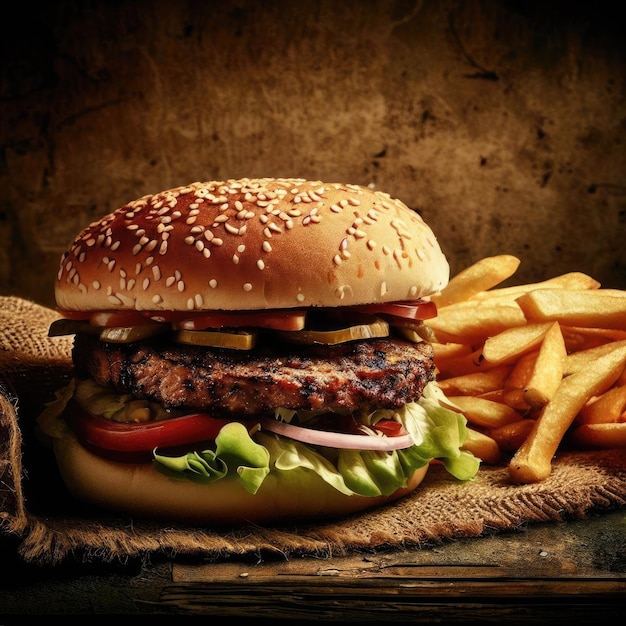 Hamburger rustico con e patatine fritte su una superficie di legno