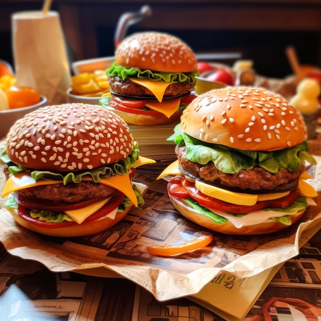 Hamburger su uno sfondo di legno Closeup