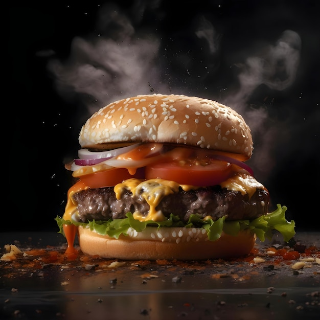 Hamburger su uno sfondo scuro con smokecloseup