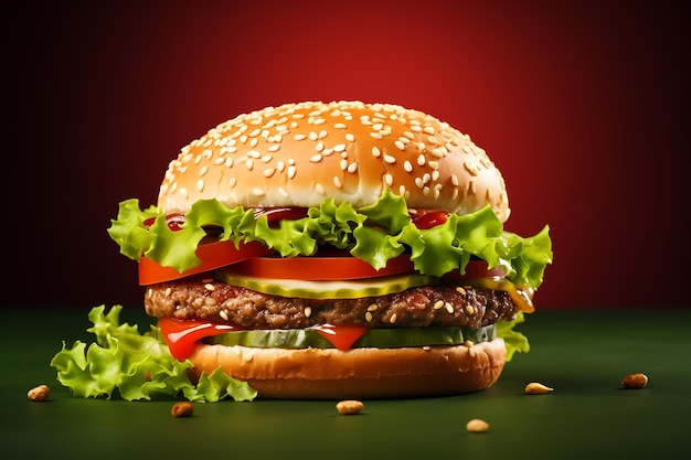 Hamburger su uno sfondo verde Rendering 3D