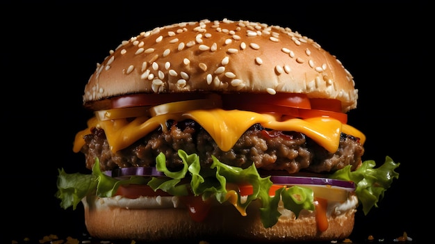 Hamburger succosi con patatine fritte sullo sfondo nero vista ravvicinata
