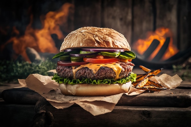 Hamburger succoso con carne e insalataStreet food Generative AI