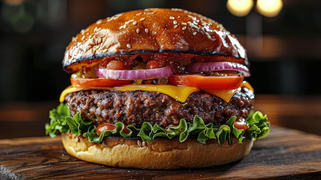 Hamburger succoso con lattuga, pomodoro, cipolla e formaggio