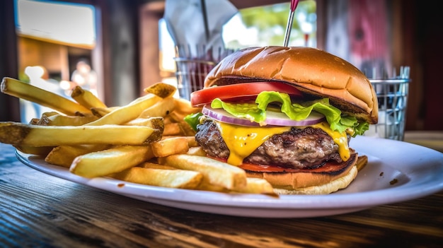 Hamburger succoso e gustoso sul tavolo Immagine fast food di un hamburger con carne alla griglia AI generata