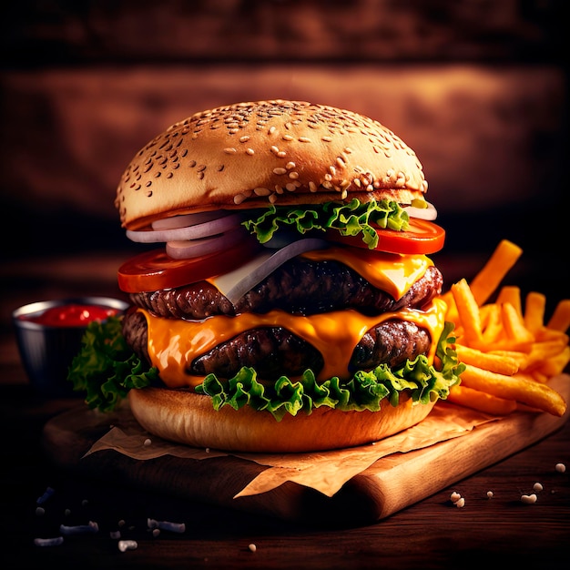 Hamburger succulento grande e appetitoso con patatine fritte Concetto di fast food