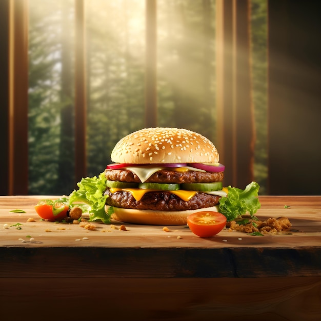 Hamburger sul tavolo in cucina stanza sfocata pubblicità fast food Immagine AIgenerata