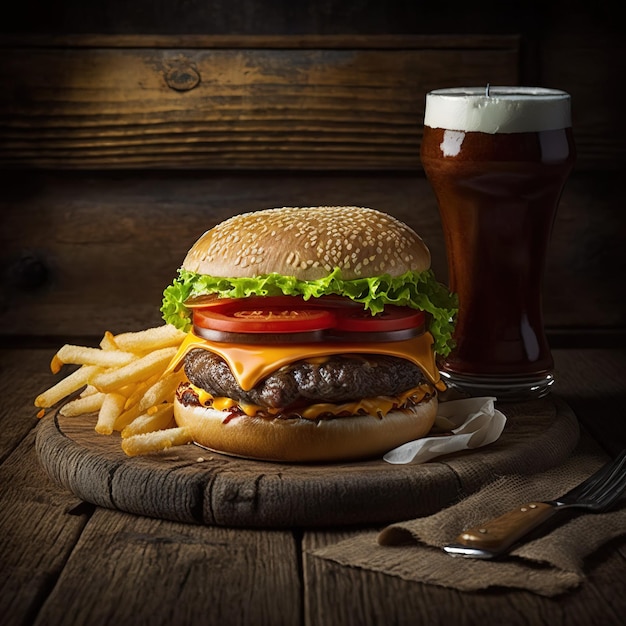 hamburger sulla lavagna su uno sfondo scuro