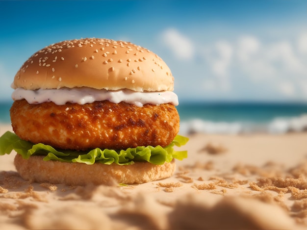 Hamburger sulla sabbia con ambientazione da spiaggia generata dall'intelligenza artificiale
