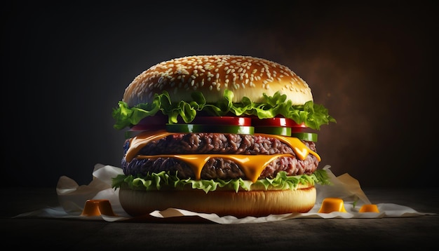Hamburger super delizioso con verdure fresche su sfondo scuro IA generativa