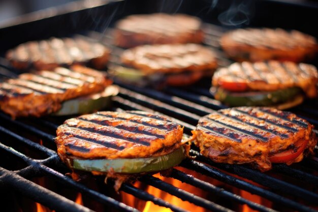 Hamburger vegani sfrigolanti su una griglia calda creata con l'intelligenza artificiale generativa