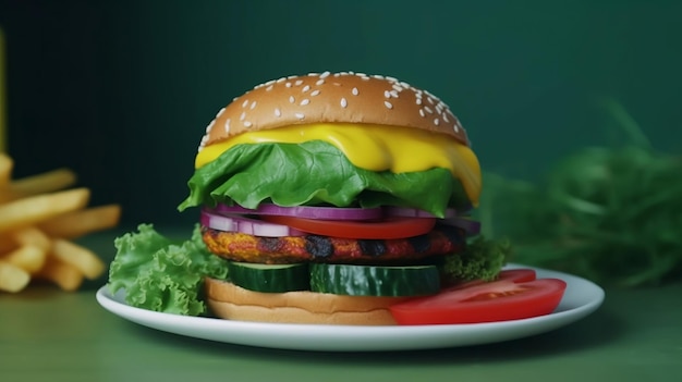 Hamburger vegano al formaggio servito su un piatto bianco per un sano pasto vegetariano