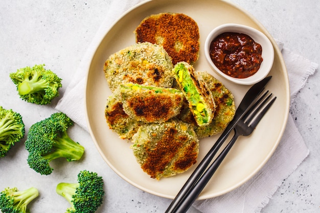 Hamburger verdi dei broccoli della verdura in piatto bianco su fondo bianco.