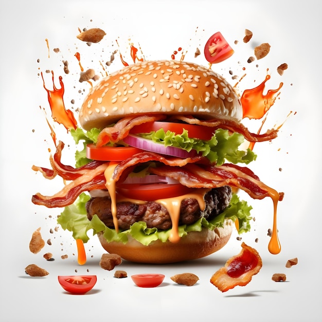 Hamburger volante con formaggio fuso e salsa splash isolato su sfondo bianco