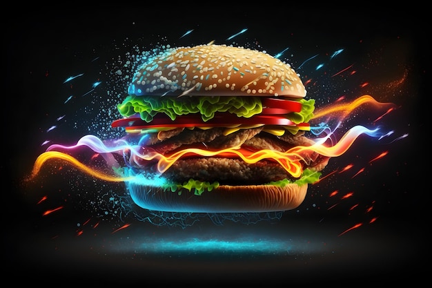 Hamburger volante con luci al neon concetto di fast food