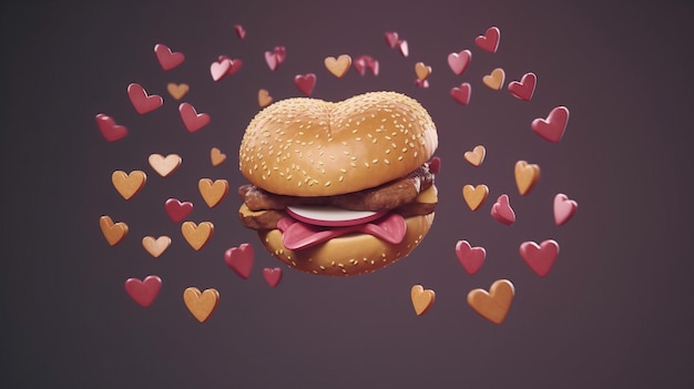 Hamburger volante con panino a forma di cuore Perfetto per gli amanti degli hamburger