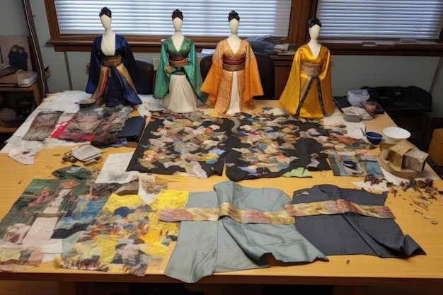 Hanbok in diverse fasi di completamento su un tavolo da lavoro creato con l'IA generativa