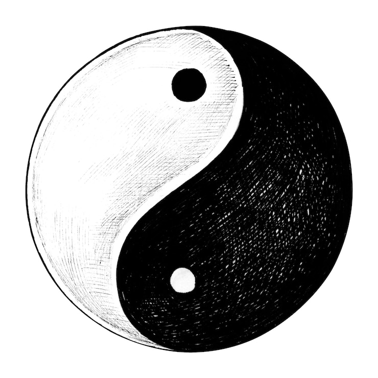 Photo hand drawn yin and yang symbol sticker with a white border design element