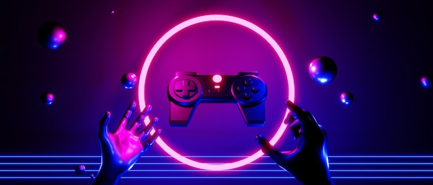 hand holding joystick video game of esports scifi gaming cyberpunk vr virtual reality simulation and metaverse scene stand pedestal stage 3d illustration rendering futuristic neon glow room