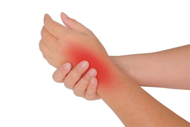 Hand holding painful wrist Concept di assistenza sanitaria per la lesione dell'articolazione del braccio