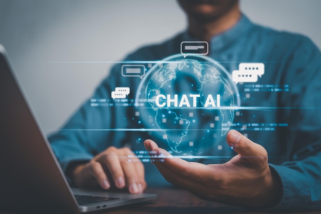 Hand of businessman chatting with smart AI or artificial intelligence Automate chatbot Digital robot application OpenAI generate Futuristic technology