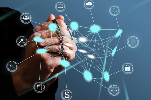 Hand touching modern interface digital transformation and metaverse concept Connection next generation technology and new era of innovation