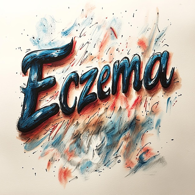 Handdrawn style text Eczema with colorful abstract background elements