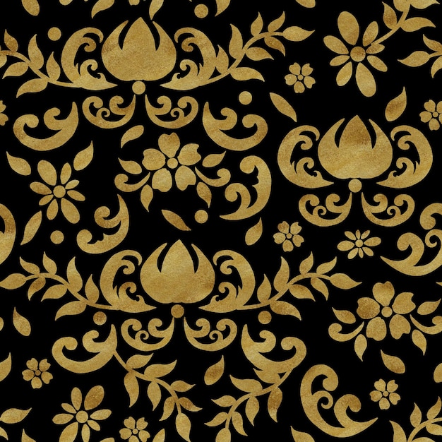 Handdrawn watercolor illustration seamless golden damask pattern can be used for textile printing