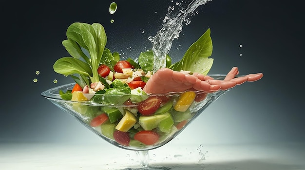 Handhandend di insalata fresca che cade in acqua