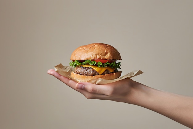 HandPresented Gourmet Burger su uno sfondo minimalista AI generativa