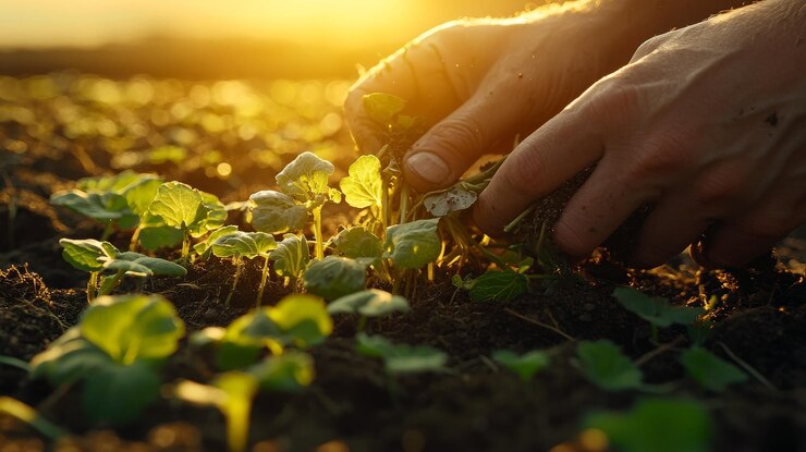 Hands Gently Tending Young Seedlings in Vibrant Sunset Light on a Farm