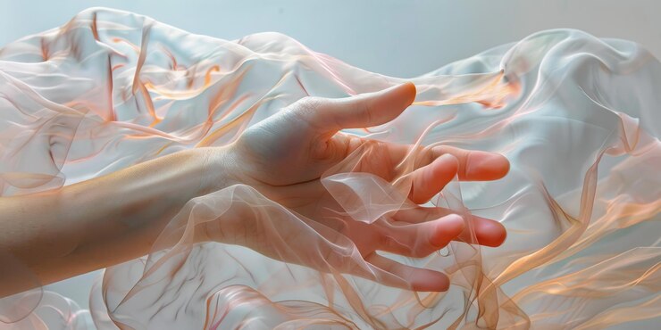 Hands pressing against a transparent flexible surface