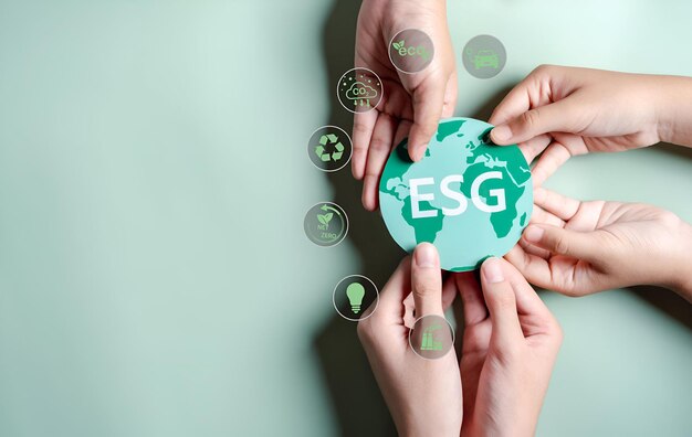 Hands together holding ESG Environmental environmental social and governance in sustainable and ethical business sulla connessione della rete