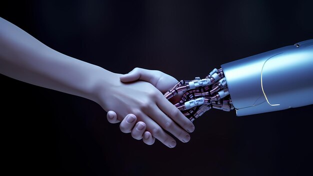 Handshake robot sfondo umano età digitale futuristica