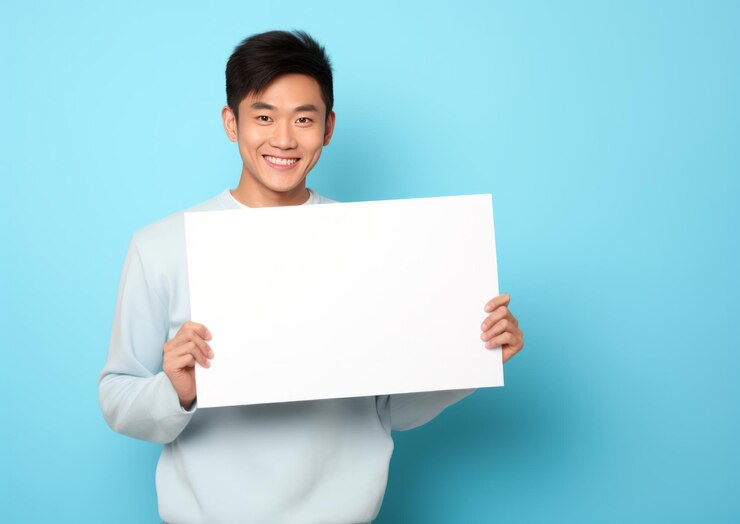 Handsome man holding a blank empty billboard or sign on isolated white background