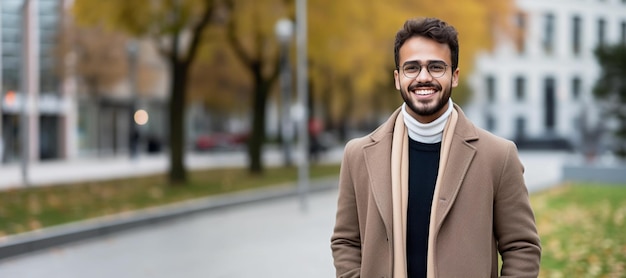 Handsome sorridente uomo d'affari autunno ritratto Gioioso studente di uomini che indossano abiti caldi in una città in autunno