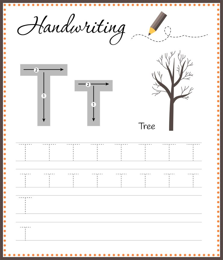 Photo handwriting workbook for children worksheets for learning letters activity book for kids educational pages for preschool letter t