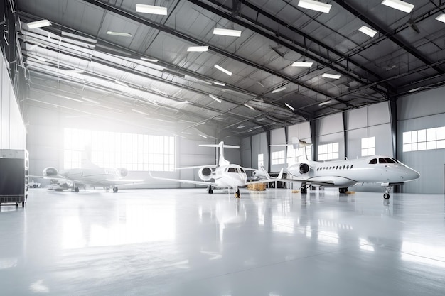 Hangar moderno con eleganti aerei high-tech e attrezzature create con intelligenza artificiale generativa