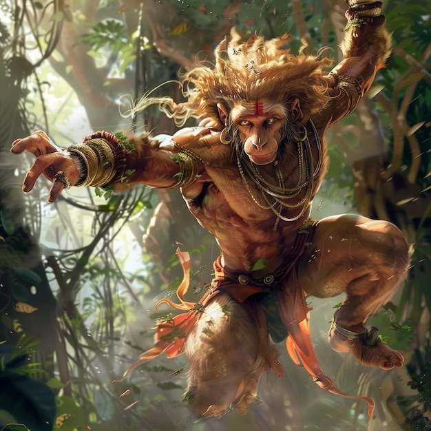 Hanuman salta senza sforzo da un albero all'altro i suoi movimenti agili echeggiano attraverso la foresta
