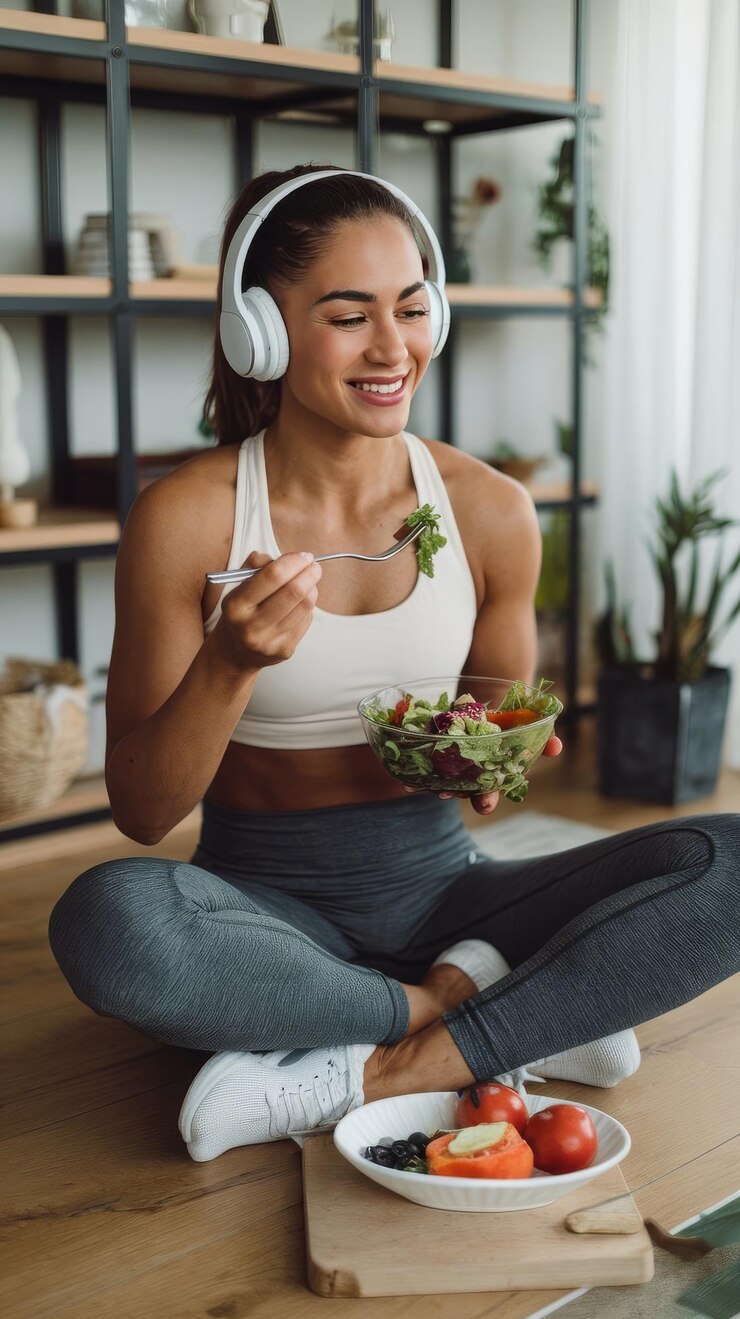 Happy athletic woman eating salad while listening music over headphones and relaxing at home
